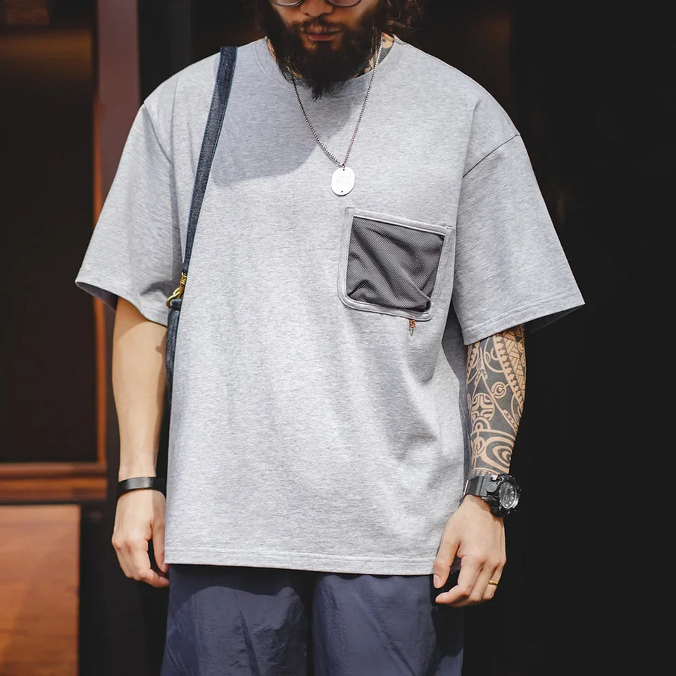 Maden Outdoor Style Gray Pocket Short-sleeved T-shirts Loose Round Neck Pure Cotton Half-sleeved Tops for Men's Summer Tee