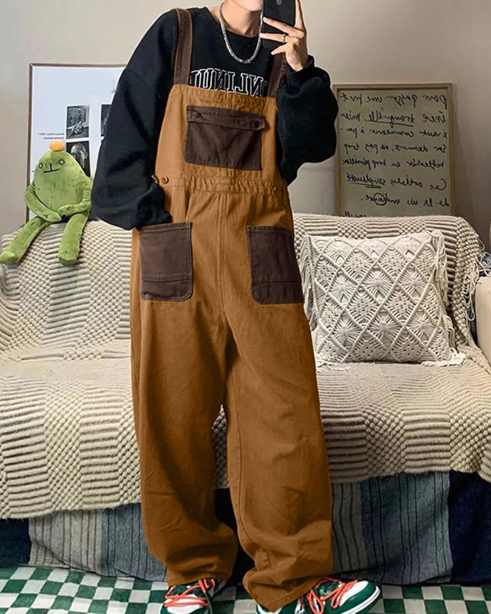 Men's Retro Orange Brown Unisex Overalls Wear Pair Of Loose Straight Overalls On Both Sides Men's fashion Sweat Jumpsuit