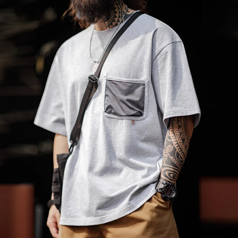 Maden Outdoor Style Gray Pocket Short-sleeved T-shirts Loose Round Neck Pure Cotton Half-sleeved Tops for Men's Summer Tee
