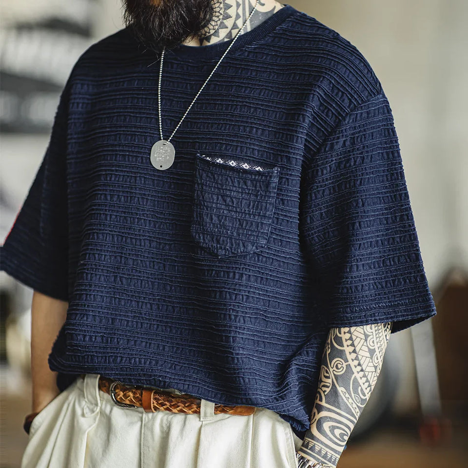 Maden Retro Knitted Jacquard Wave Pattern Textured T-shirt Loose Solid Color Short-sleeved Tee for Men's Summer Tops