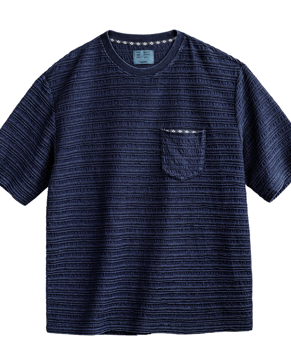 Maden Retro Knitted Jacquard Wave Pattern Textured T-shirt Loose Solid Color Short-sleeved Tee for Men's Summer Tops