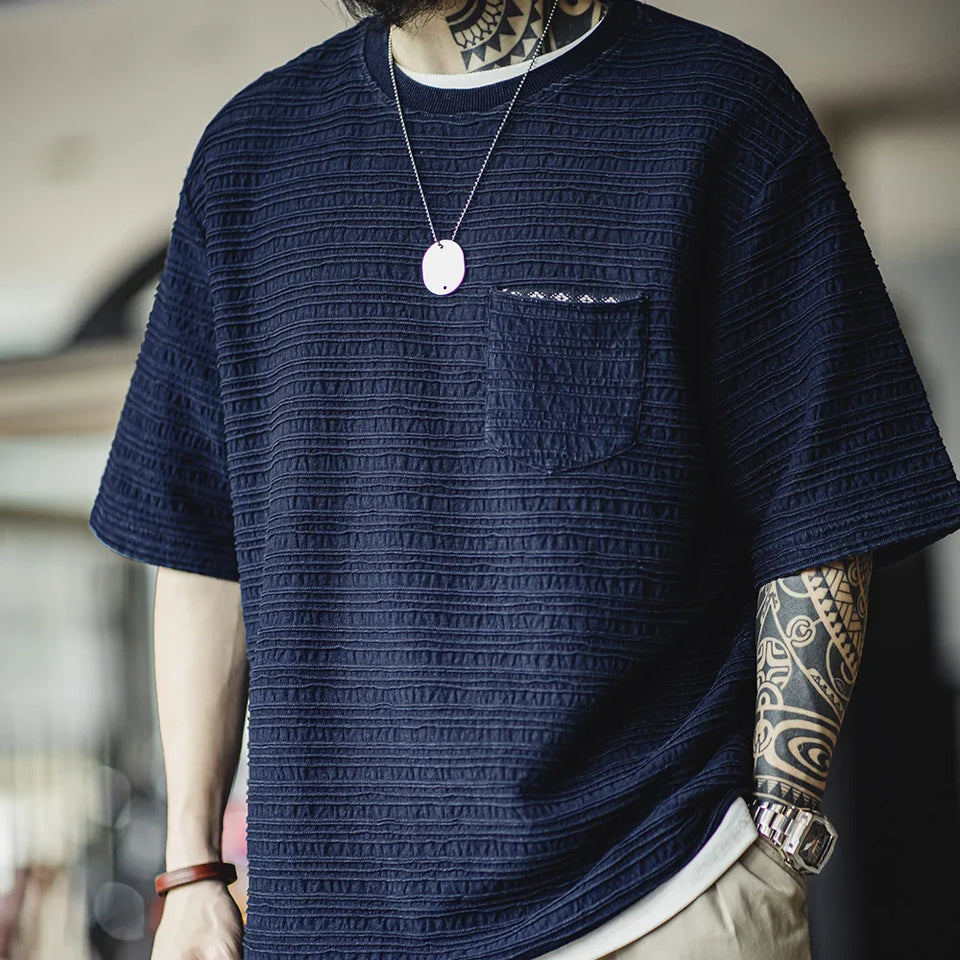 Maden Retro Knitted Jacquard Wave Pattern Textured T-shirt Loose Solid Color Short-sleeved Tee for Men's Summer Tops
