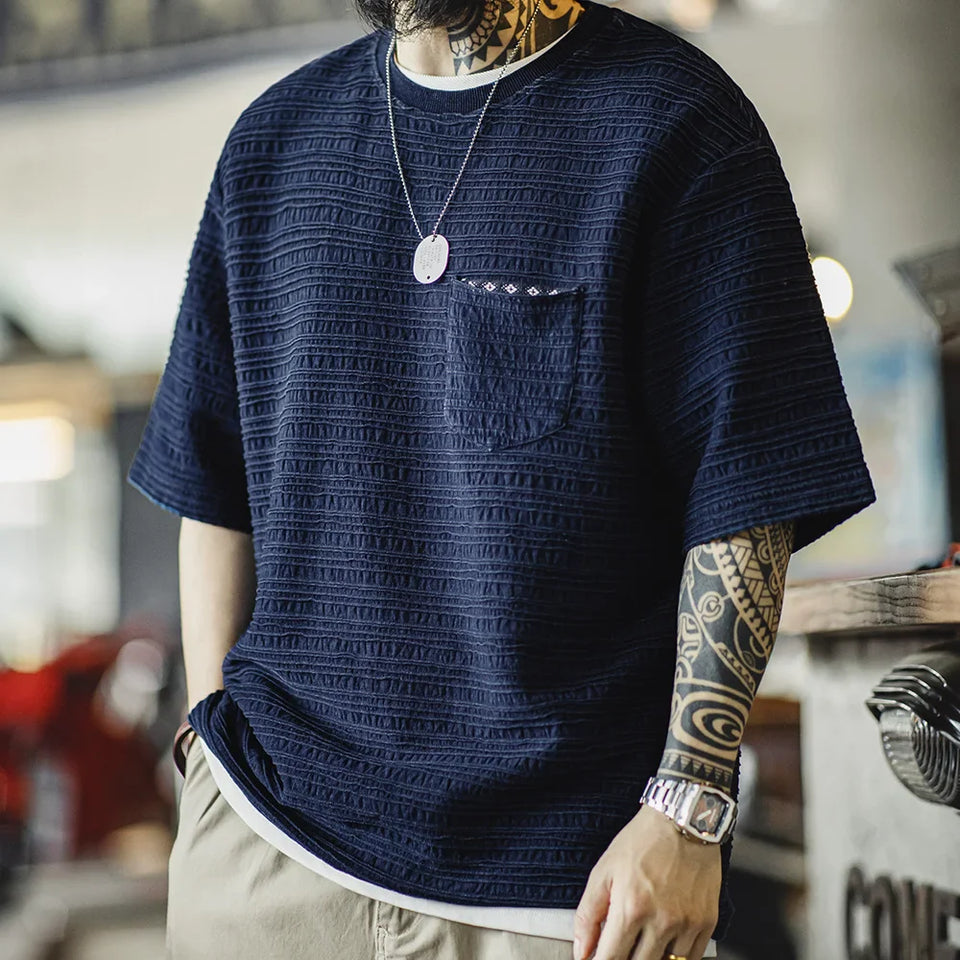 Maden Retro Knitted Jacquard Wave Pattern Textured T-shirt Loose Solid Color Short-sleeved Tee for Men's Summer Tops