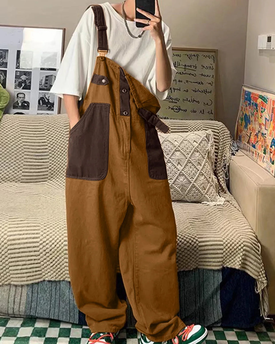 Men's Retro Orange Brown Unisex Overalls Wear Pair Of Loose Straight Overalls On Both Sides Men's fashion Sweat Jumpsuit