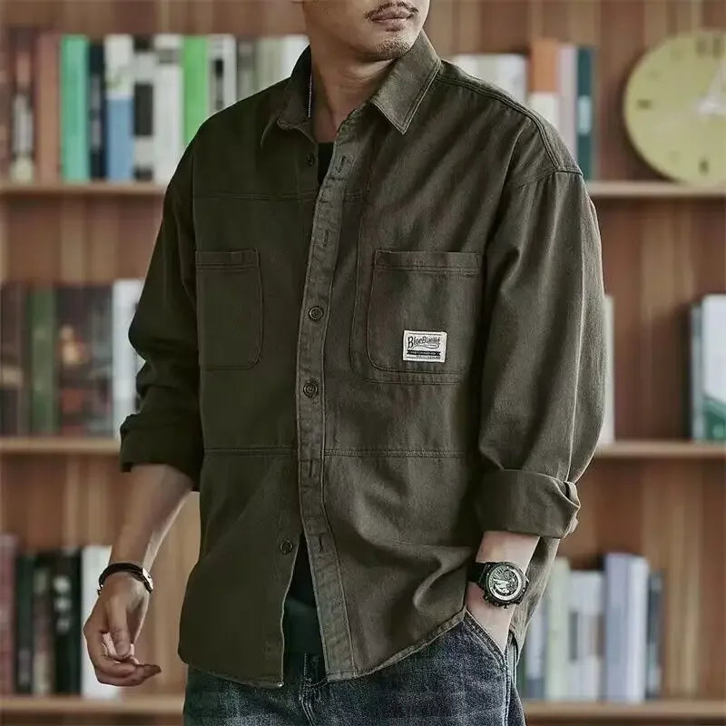 Men's Long Sleeve Autumn Casual Trendy Branded Work Shirt Square Collar Hong Kong Style Washing Trendy Casual Jacket For Men