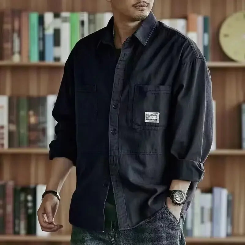 Men's Long Sleeve Autumn Casual Trendy Branded Work Shirt Square Collar Hong Kong Style Washing Trendy Casual Jacket For Men